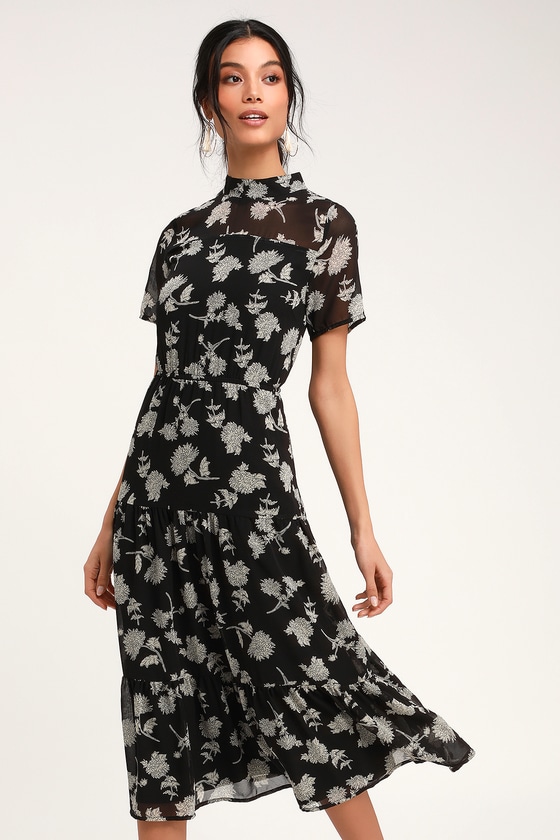 Black Floral Print Dress - Black Midi ...